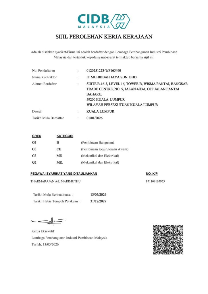 Sijil Perolehan Kerja Kerajaan CIDB - IT Muhibbah Jaya Sdn. Bhd